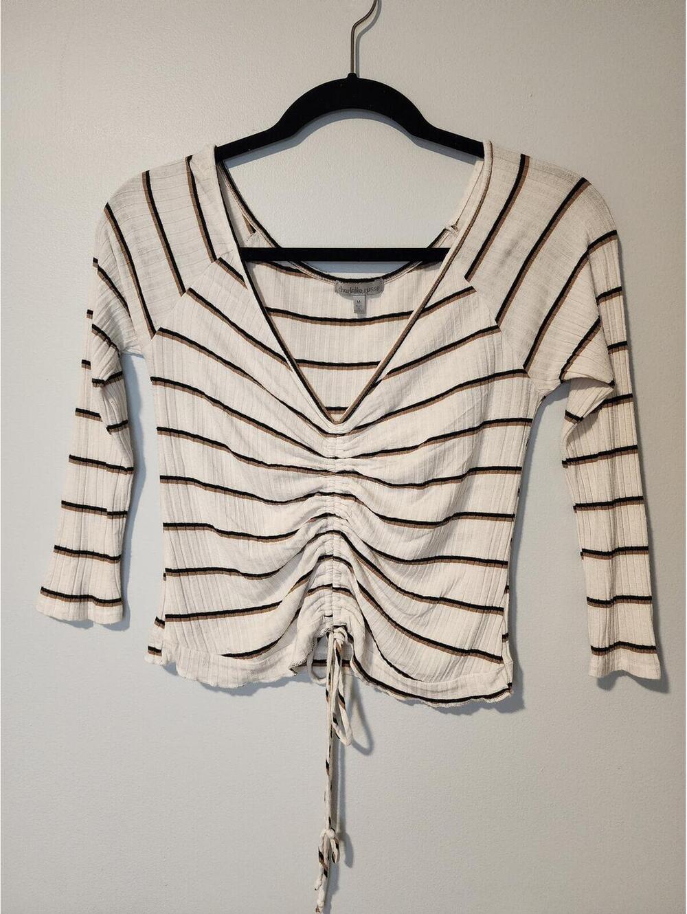 Charlotte Russe Y2K Cream Striped Ruched Long Sleeve Top Size M